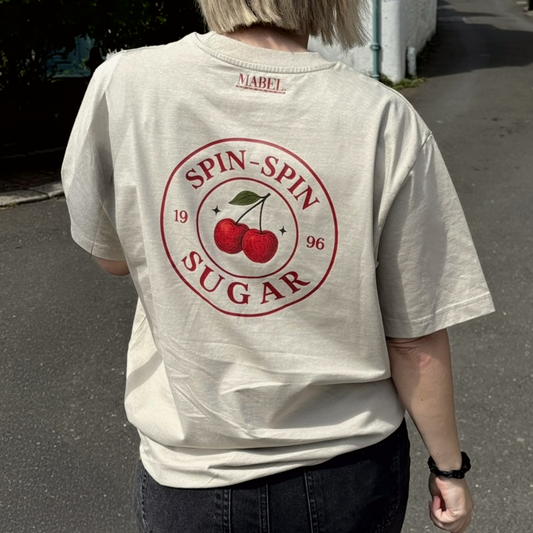 Spin Spin Sugar oversized t-shirt with retro cherry graphic
90s music-inspired slogan tee by Mabel