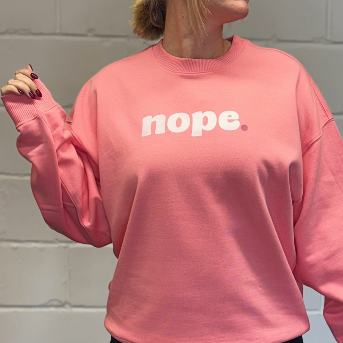 pink oversized sweatshirt with 'nope' text, this is mabel collection