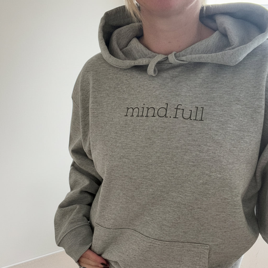 heather grey oversized hoodie with 'mind full' print  this is mabel collection 