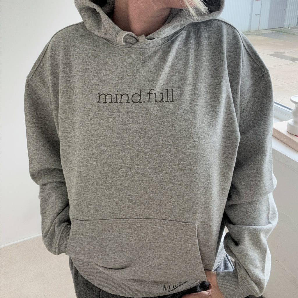 this is mabel heather grey oversized  hoodie with 'mindful' print, 
