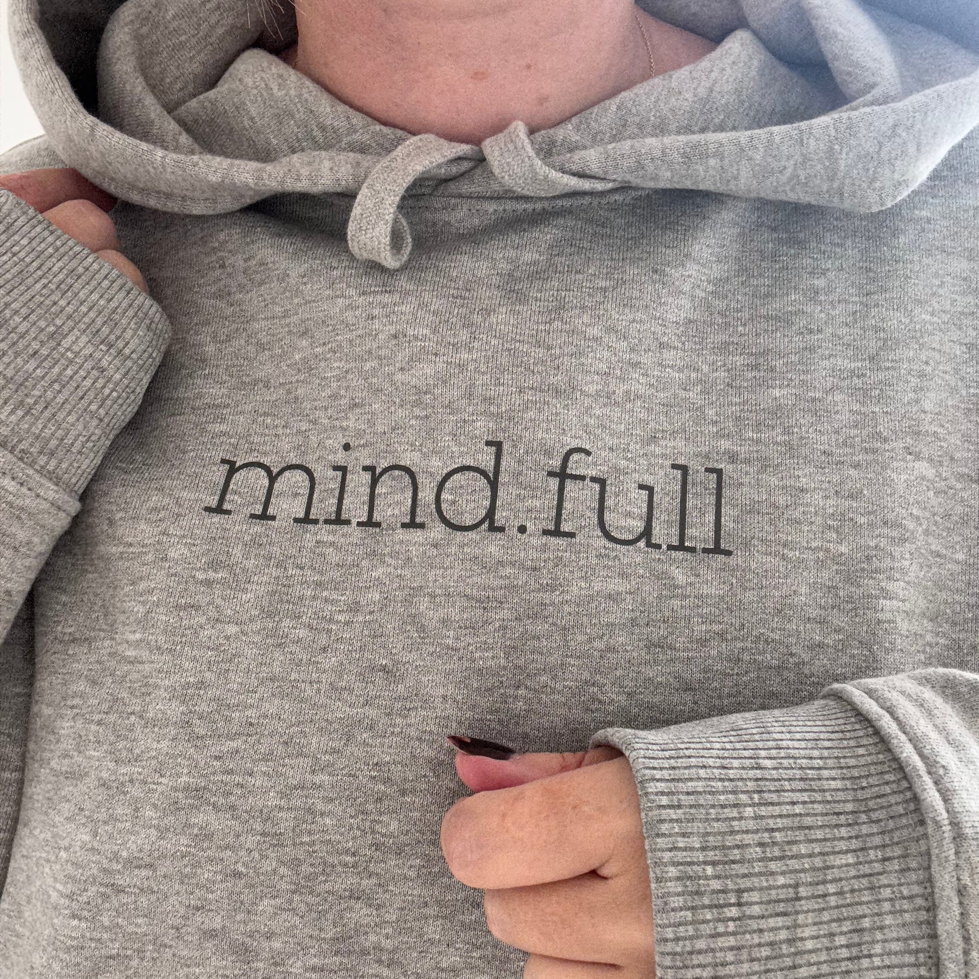 heather grey oversized Grey hoodie with 'mind full' print on a plain background