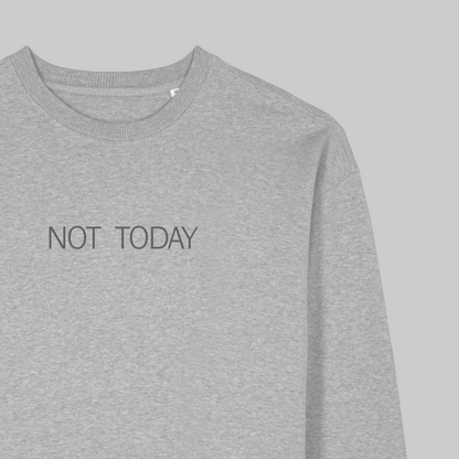 Gray sweatshirt with 'NOT TODAY' text on a light gray background, featuring the brand 'MABEL'.
