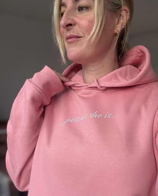 Just as she is Coral Pink Unisex Hoodie - Premium Mindful Comfort - This is Mabel