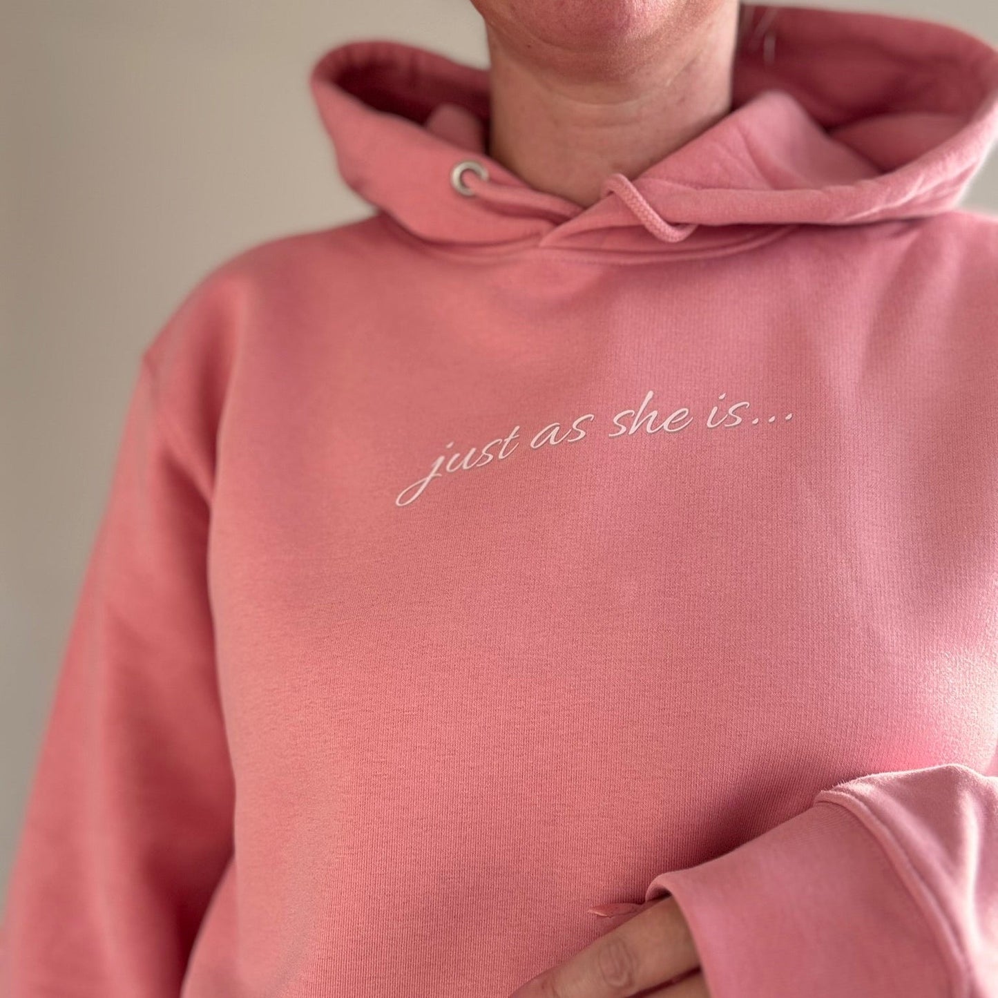 Just as she is Coral Pink Unisex Hoodie - Premium Mindful Comfort - This is Mabel