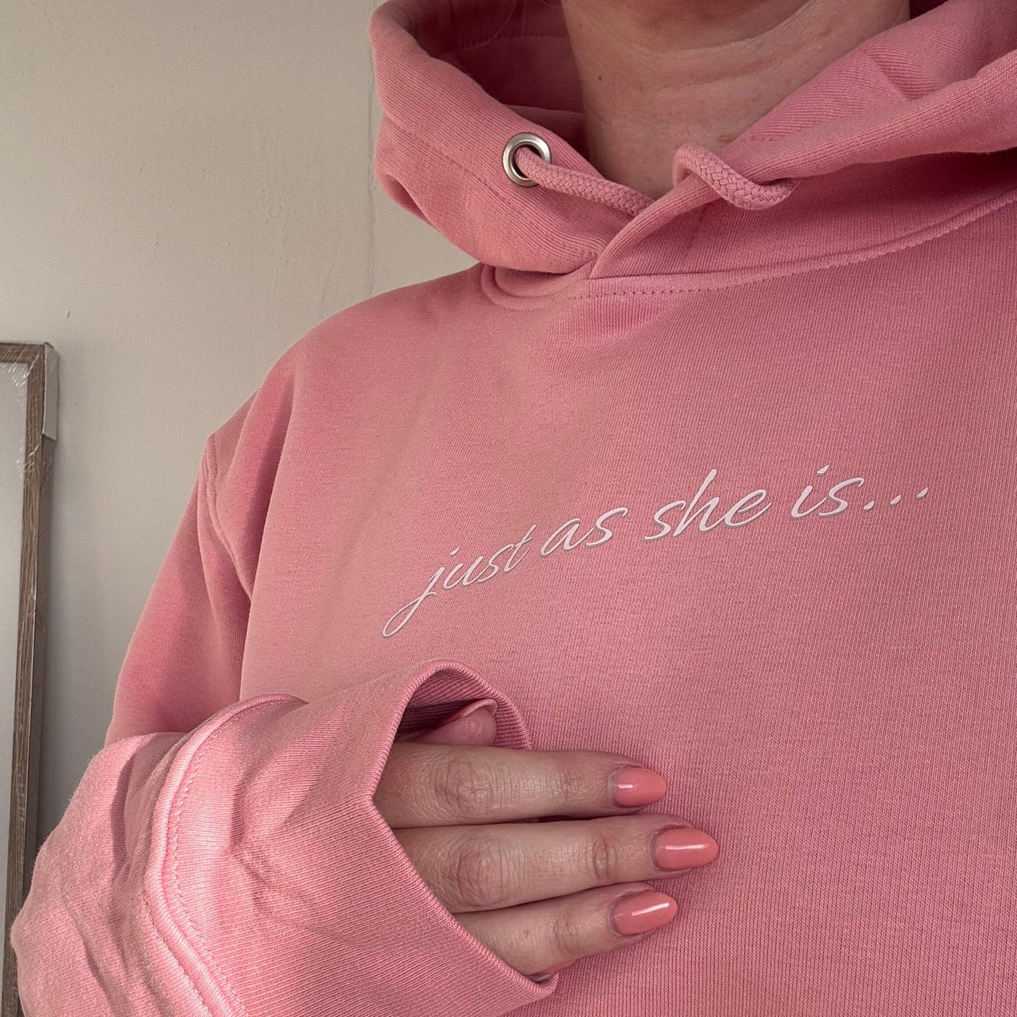Just as she is Coral Pink Unisex Hoodie - Premium Mindful Comfort - This is Mabel