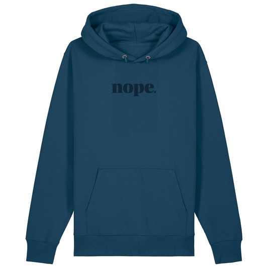 teal unisex hoodie with 'nope.' text this is mabel collection